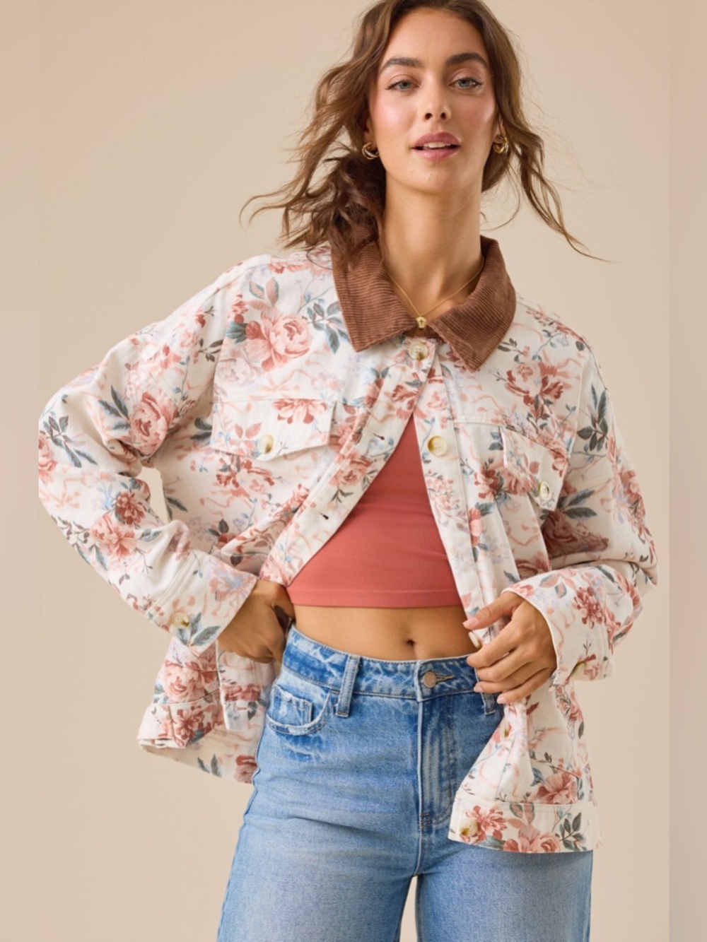 Altar'd State Floral Print Corduroy Collar Denim Jacket Ivory Multi Size S